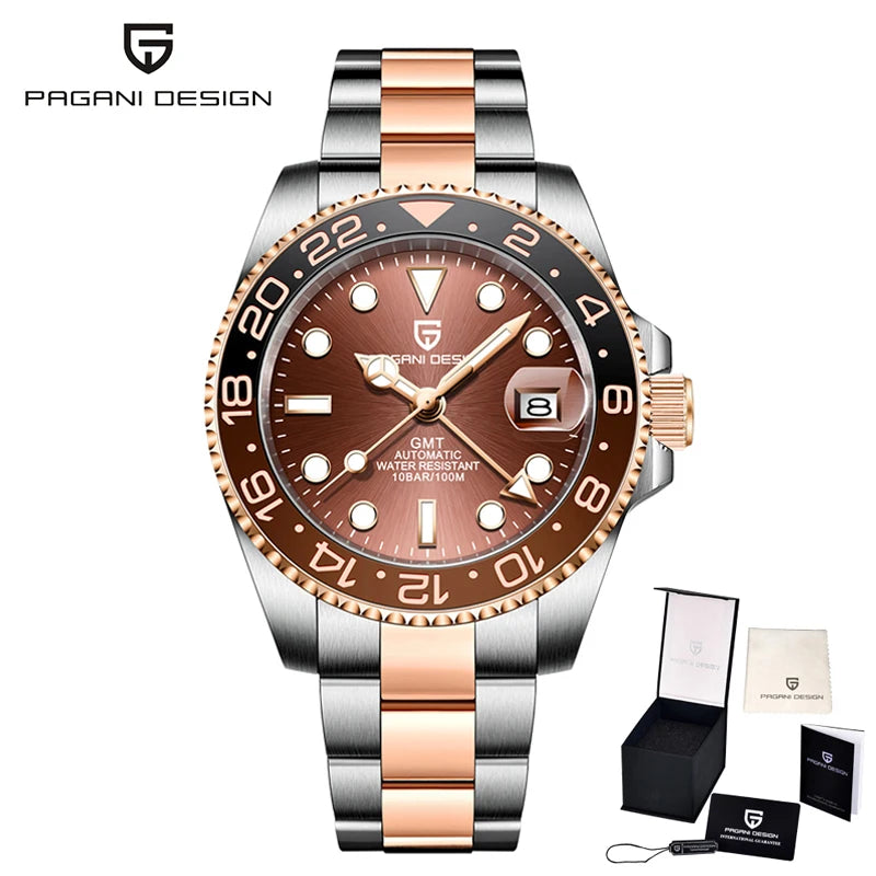 Механичен мъжки часовник Pagani Design GMT – Луксозен модел със сапфирен кристал, корпус от неръждаема стомана и керамична рамка – Автоматичен мъжки часовник, професионален стил
