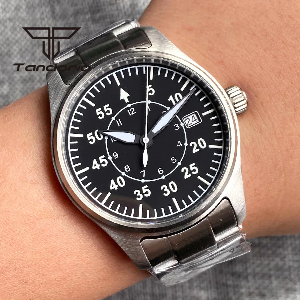 Tandorio 39 mm – męski zegarek automatyczny typu pilot nurkowy, mechanizm NH35/PT5000/Miyota8215, szafirowe szkło AR, wodoodporność 20 barów, świecące wskaźniki
