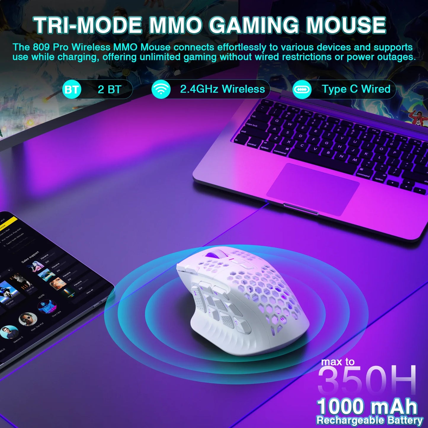 SOLAKAKA SM809 Pro Wireless MMO Gaming Mouse PAW3311 16 Side Buttons 24000 DPI RGB Honeycomb Programmable Macro Wireless Mouse