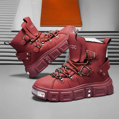 Baskets montantes noires à rivets, mode, pour homme, en cuir, design de luxe, chaussures de ville, style gothique et punk, bottes de moto pour homme, grandes tailles jusqu'à la taille 46