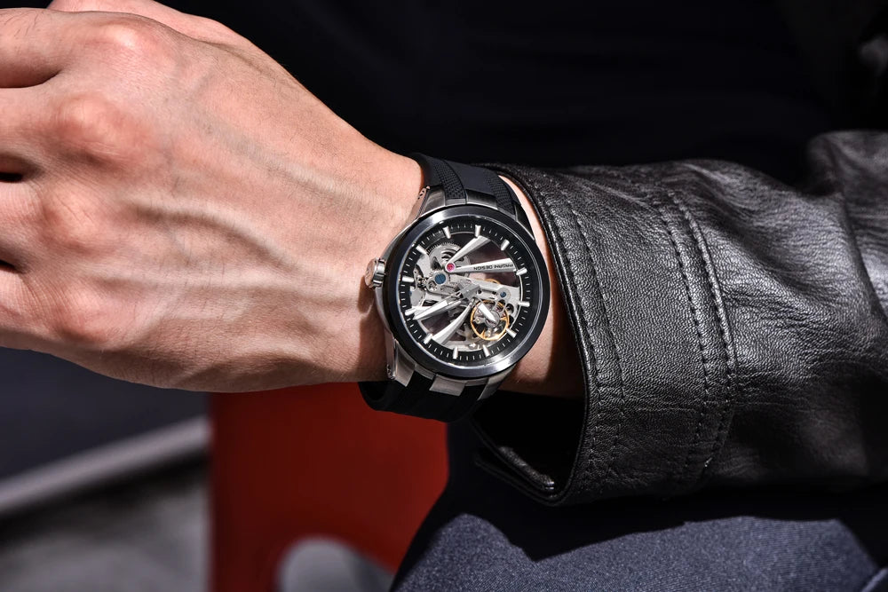Ανδρικό ρολόι PAGANI DESIGN – Πολυτελές αυτόματο μηχανικό μοντέλο, τύπου «σκελετού» (με ανοιχτή καρδιά), εξοπλισμένο με τουρμπιγιόν, ζαφειρένιο κρύσταλλο με αντιανακλαστική επίστρωση, αδιάβροχο και φωταυγές.
