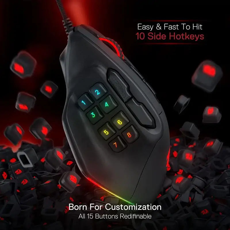 Redragon M811 Aatrox MMO -pelihiiri, 15 ohjelmoitavaa painiketta, langallinen RGB-pelihiiri ergonomisella luonnollisella otteella