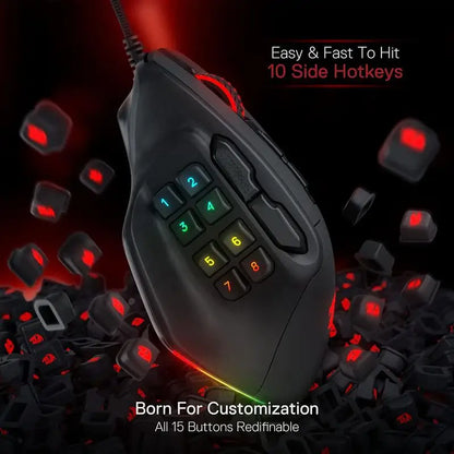 Redragon M811 Aatrox MMO -pelihiiri, 15 ohjelmoitavaa painiketta, langallinen RGB-pelihiiri ergonomisella luonnollisella otteella