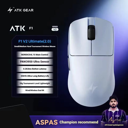 ATK Blazing Sky F1 V2 Ultra Max безжична геймърска мишка с двоен режим, олекотена, PAW3950Ultra, Dual 8K, ниска латентност, ергономична, екстремна