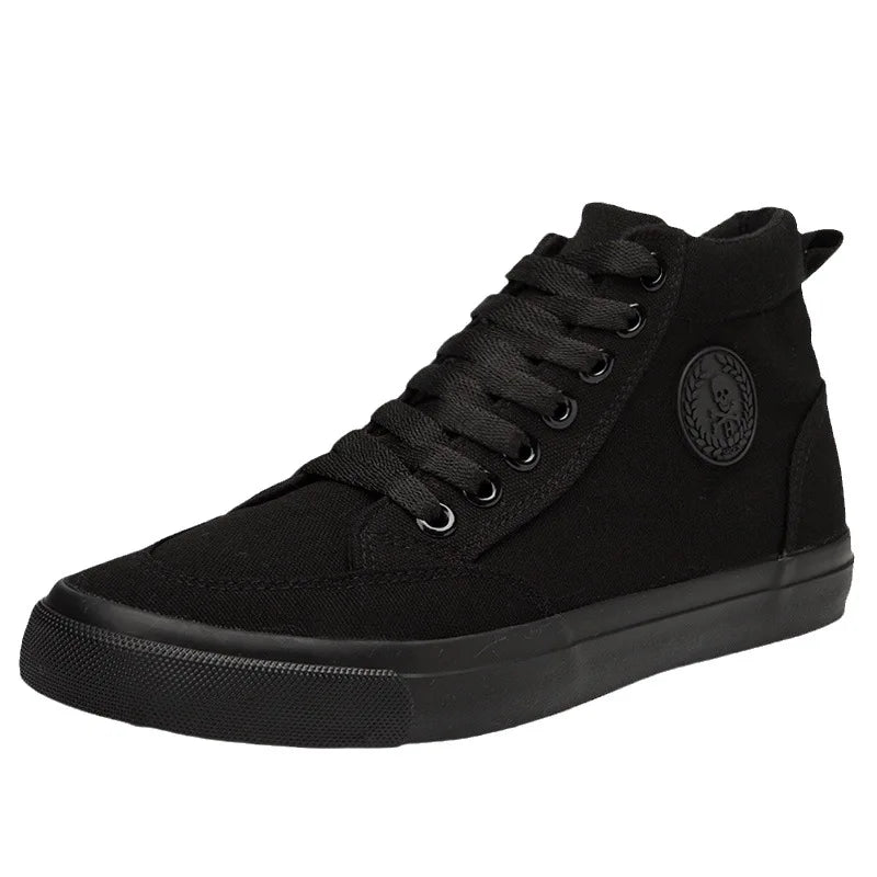 Högskurna canvas-sneakers för män, slip-on, snörningsbara, avslappnade, helt svarta, enkla skateskor för studenter, med platt sula, bekväma sportskor