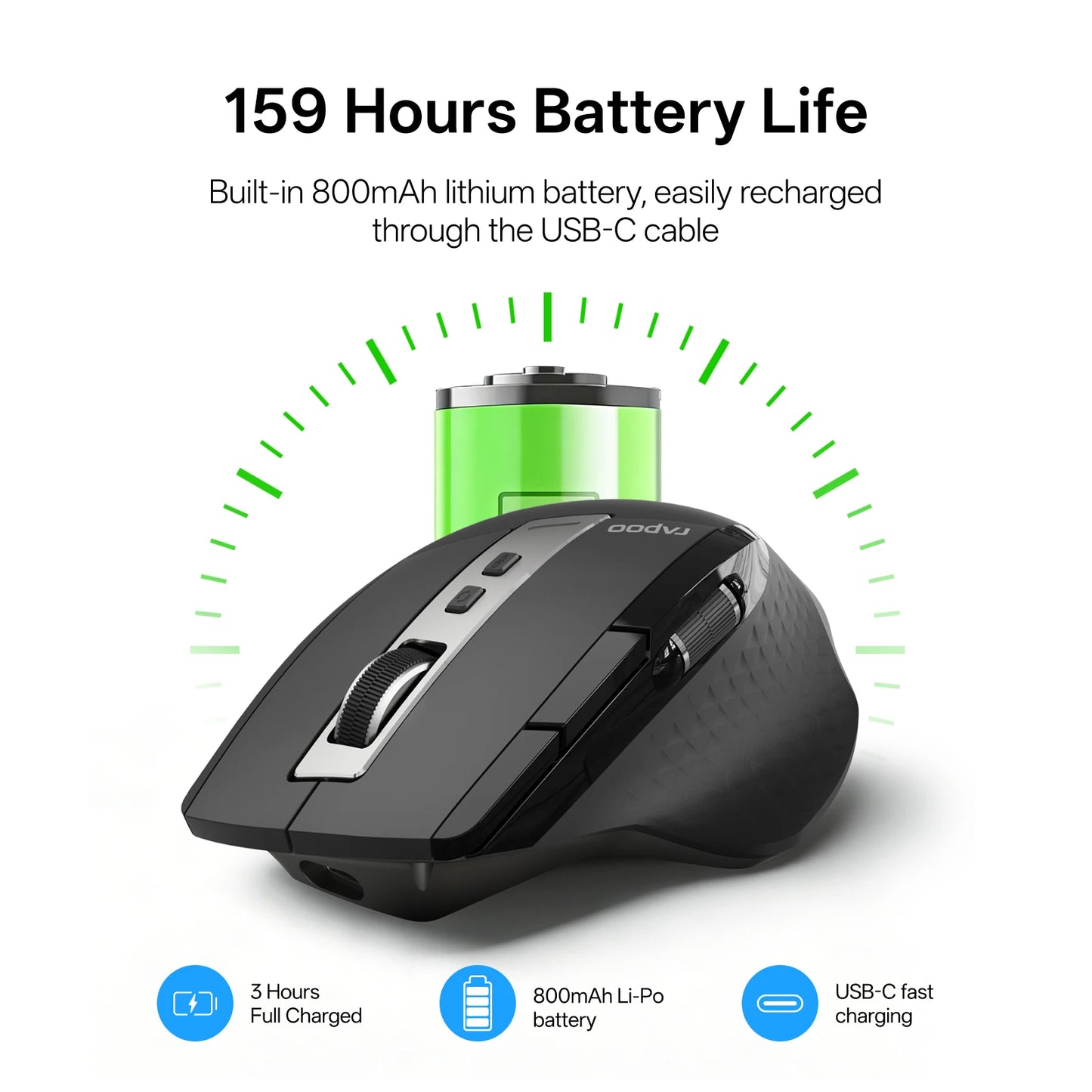 Rapoo MT710L Multi-Mode Rechargeable Wireless Bluetooth Mouse, Ergonomic 4000 DPI Wireless Mouse for Up to 4 Devices with Programmable Buttons