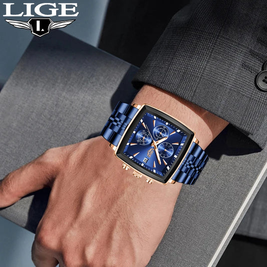 Montres de luxe pour hommes LIGE, modèle carré, style classique et tendance, en acier inoxydable, étanches, sportives et décontractées, à mouvement à quartz.