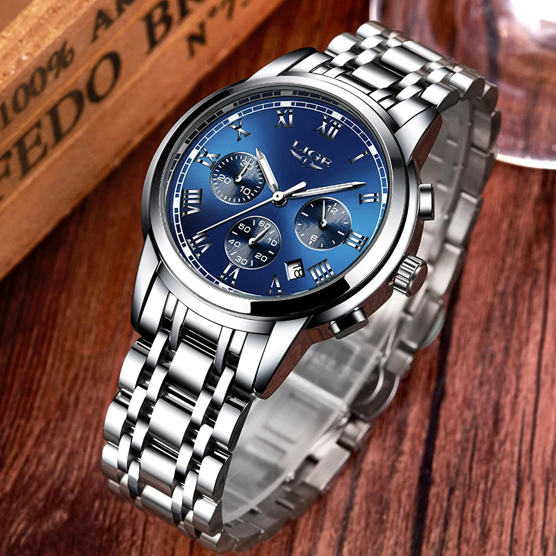 Pánské hodinky LIGE – luxusní chronograf, ležérní sportovní styl, vodotěsné, celokovové, quartzový strojek