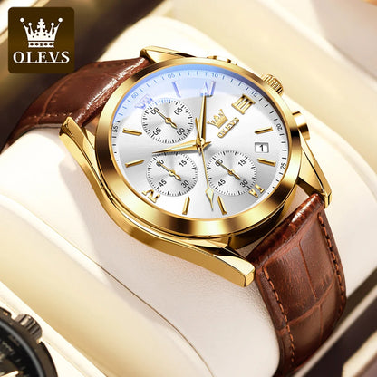 Orologio da polso cronografo da uomo OLEVS 2872 – Cinturino in pelle, impermeabile, lancette luminescenti, movimento al quarzo, stile sportivo di lusso