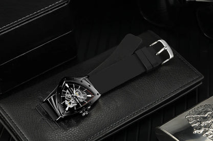 WINNER automatisk herreur, trekantet skeletdesign, selvlysende visere, gummiarmbånd, militærstil, luksuriøst mekanisk ur