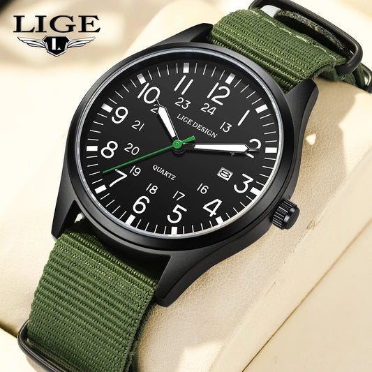 LIGE Top Brand Luxury Men Quartz Watch Date Nylon Leather Waterproof Luminous Military Sports Watches For Men relogios masculino
