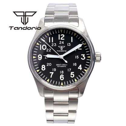 Tandorio 39 mm – męski zegarek automatyczny typu pilot nurkowy, mechanizm NH35/PT5000/Miyota8215, szafirowe szkło AR, wodoodporność 20 barów, świecące wskaźniki