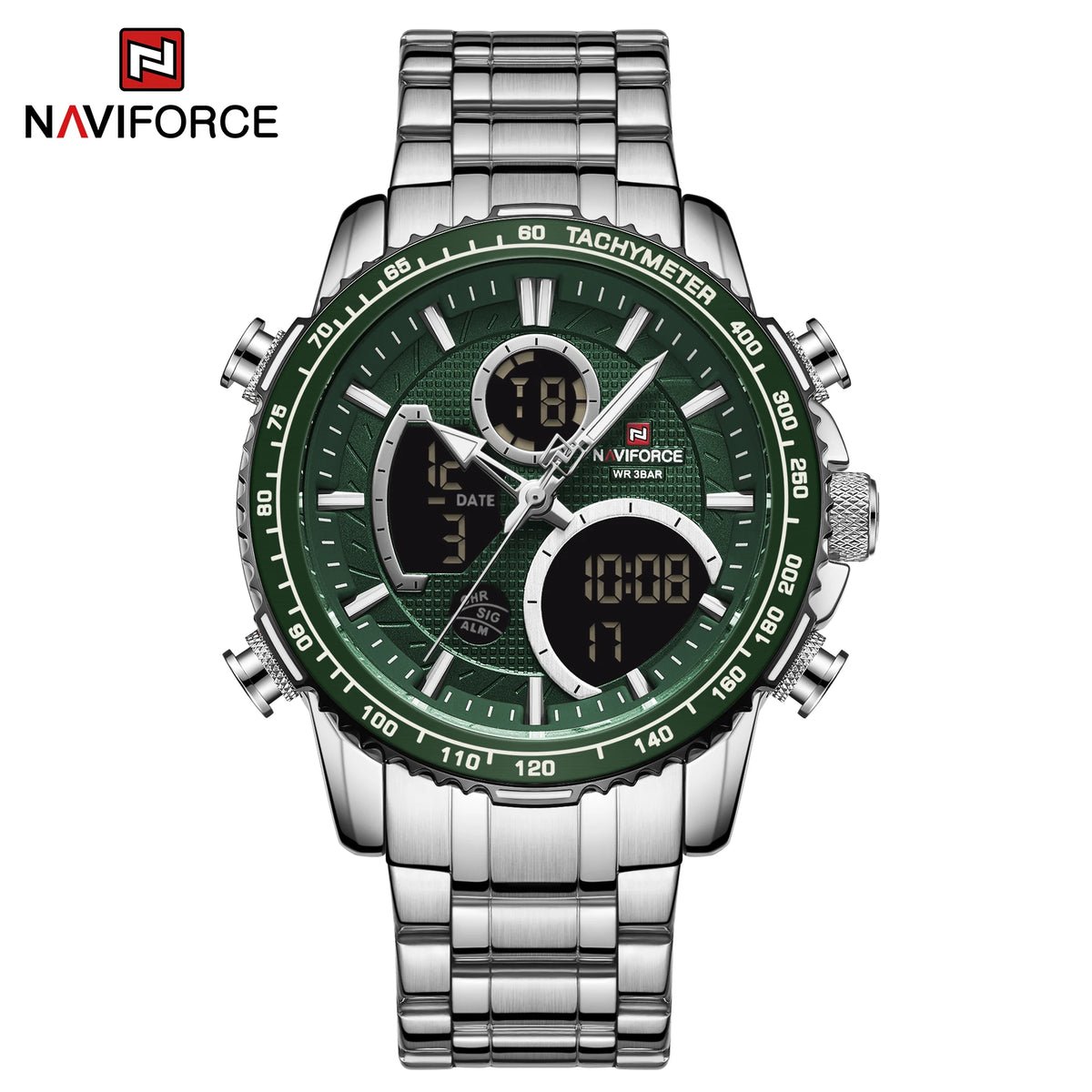 NAVIFORCE sportsur til mænd – Originalt luksusarmbåndsur i rustfrit stål, vandtæt militærmodel med dobbelt display