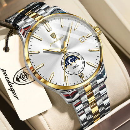 Reloj de lujo para hombre POEDAGAR, estilo informal, de acero inoxidable, de cuarzo, resistente al agua, luminiscente, con fecha, elegante.