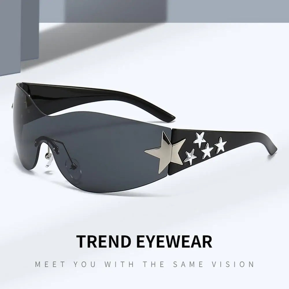 Rimless Y2K Sunglasses Women Men Punk Goggle Trendy Shield Sun Glasses UV400 3D Five Star Rhinestones Eyewear 2024