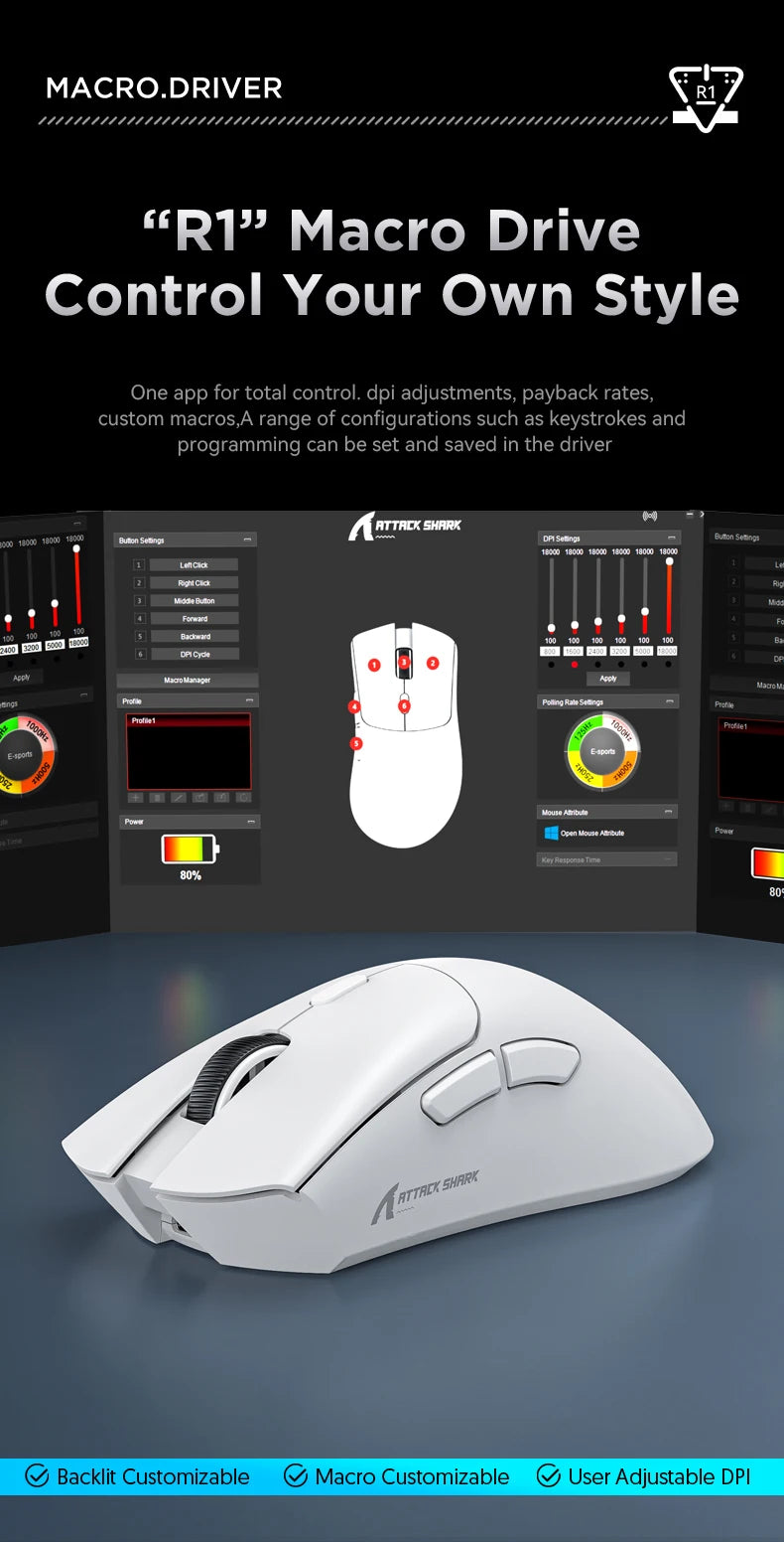 Attack Shark R1 Wireless Mouse Bluetooth Gaming Mouse, Viral Mouse Reviewed by Influencers PAW3311 Sensor, 1000Hz Return-rate