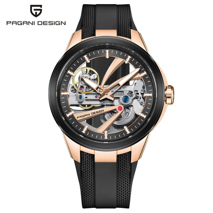 Ανδρικό ρολόι PAGANI DESIGN – Πολυτελές αυτόματο μηχανικό μοντέλο, τύπου «σκελετού» (με ανοιχτή καρδιά), εξοπλισμένο με τουρμπιγιόν, ζαφειρένιο κρύσταλλο με αντιανακλαστική επίστρωση, αδιάβροχο και φωταυγές.