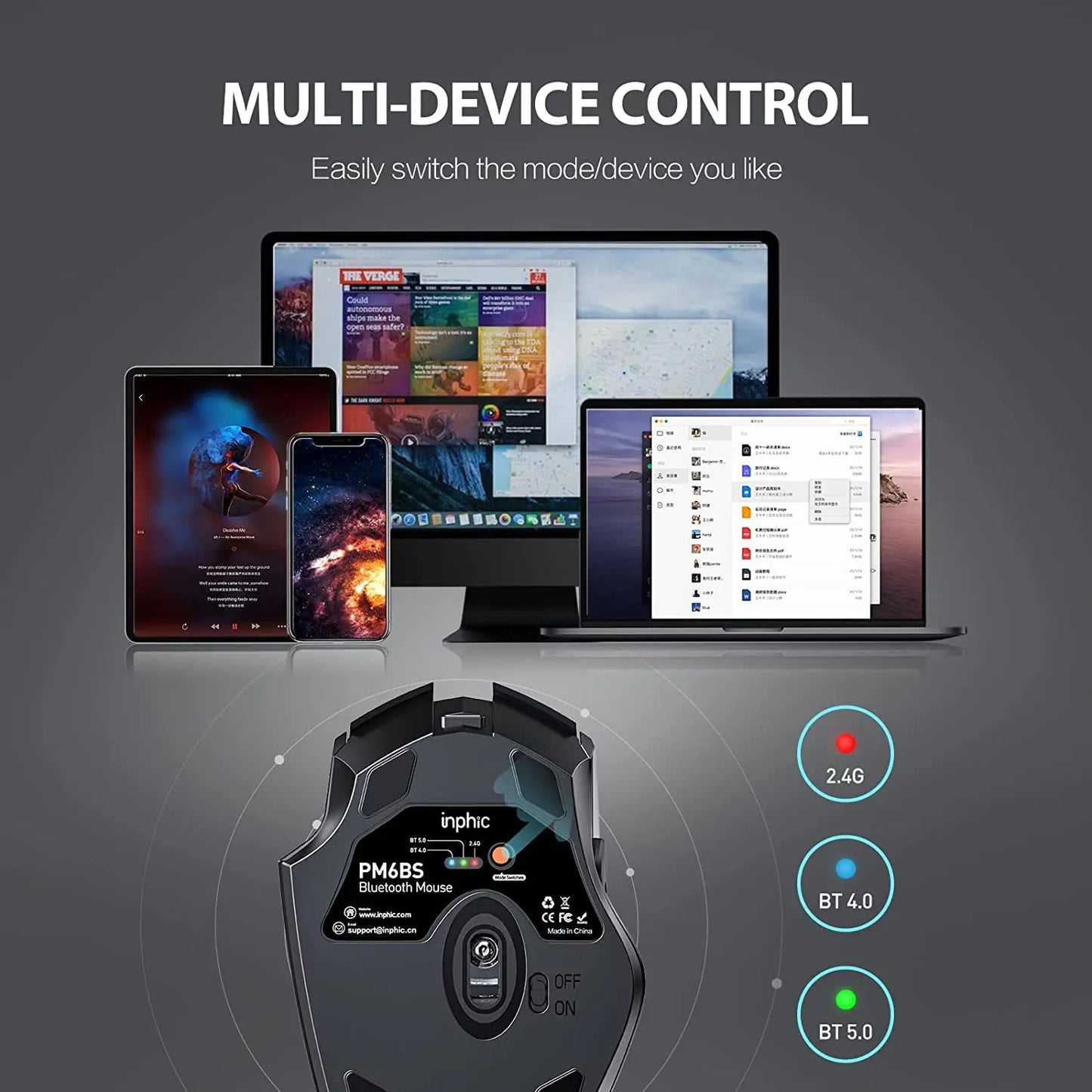 INPHIC A1 Bluetooth Mouse, Rechargeable 2.4G Tri-Mode Optical Mute Wireless Mouse, 1600 DPI for Mac, Laptop, PC, Tablet, Mobile Phone