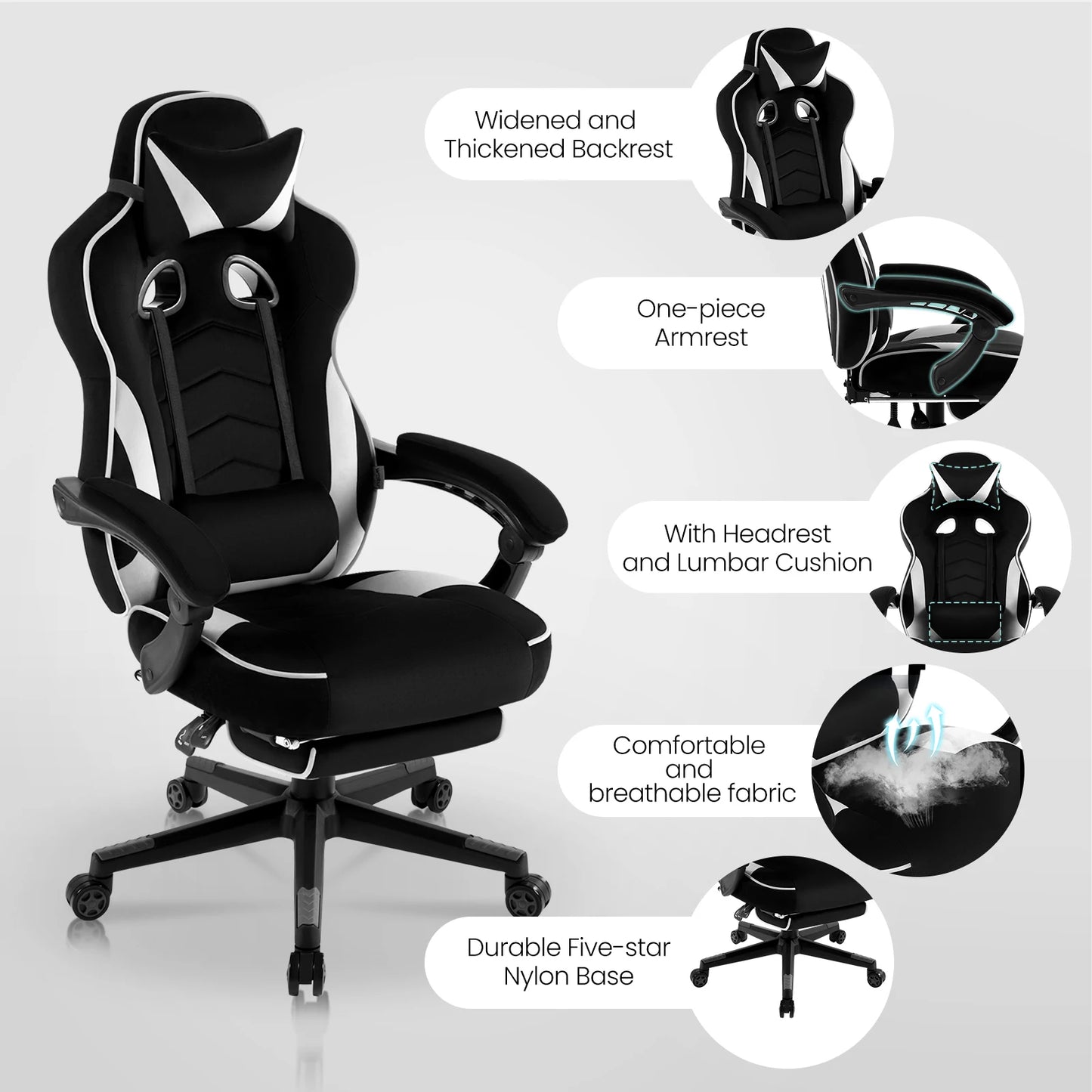 WOLTU Swivel Gaming Racing Chair Desk Office Computer Chair Sports Seat with Headrest Lumbar Cushion Footrest Gamer Chair