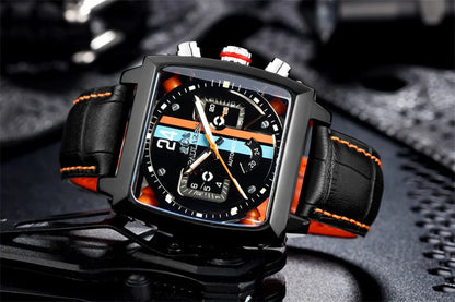 Original Brand Watches For Men Luxury Design Square Mechanical Watch Men Leather Strap Waterproof Date Week Wristwatches Male