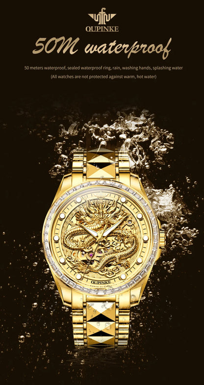OUPINKE Men's Watches Top Brand Luxury Gold Tungsten Steel Original Automatic Mechanical Wristwatch Featured Dragon Pattern Dial