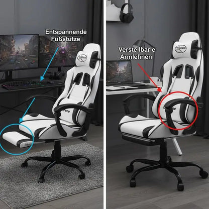 Gaming Chair with Footrest White and Black 57.5X59.5X121-131 cm, Reclining, Swivel 360 ° Metal Structure, Load Capacity 110 kg