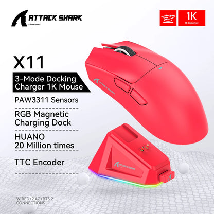 ATTACK SHARK X11 Gaming Mouse and X11 SE Wireless Mouse 22000 DPI, PAW3311 Sensor, BT/2.4G/Wired, 59g Lightweight, 2000W Clicks