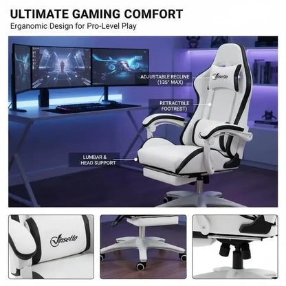 Leather Gaming Chair 135° Reclining with Retractable 360° Swivel Height Ergonomic White Contrast Edge Office Chair 120KG Capacity
