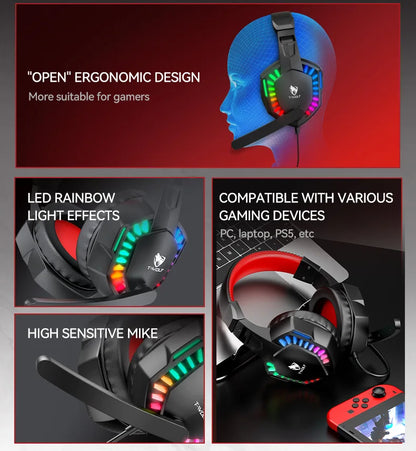 H120 RGB LED Light Wired Headphones USB 3.5mm Audio Interface Bass Stereo Sound Gaming Headsets with High Sensitivity Microphone