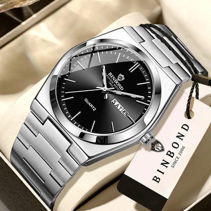 Montre-bracelet à quartz de luxe BINBOND, lumineuse, étanche, jour de la semaine, date automatique, bracelet en acier, style business, sport, mode et décontracté.