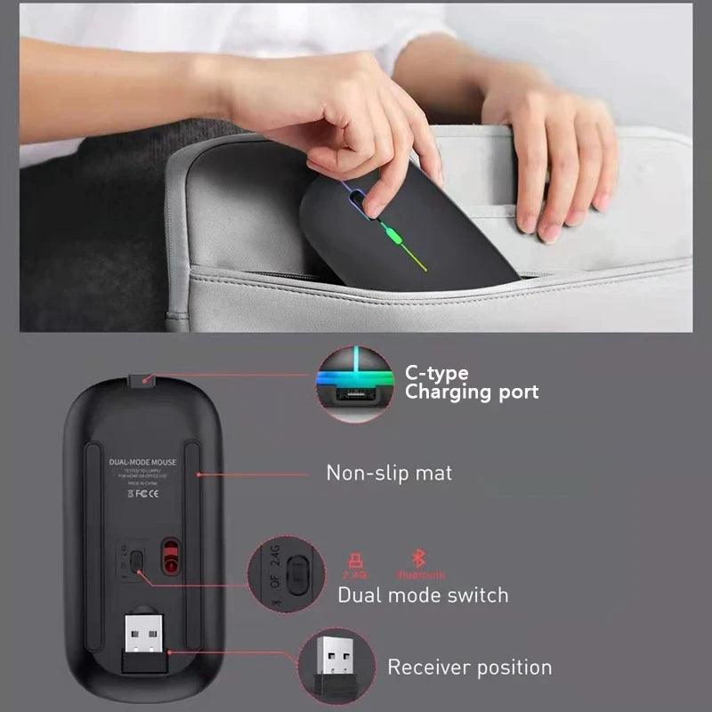 Wireless Mouse with Bluetooth and 2.4GHz Dual Modes Rechargeable RGB Ergonomic Silent Click for PC iPad Laptop Cell Phone TV