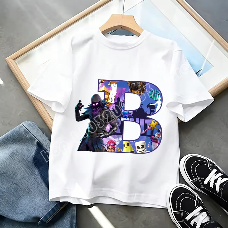 Fortnite A-Z Alphabet Print T-Shirt für Kinder, Sommer, weiß, beliebtes Cartoon-Game-Shirt, modisches Casual-Kurzarmtop, Geschenk