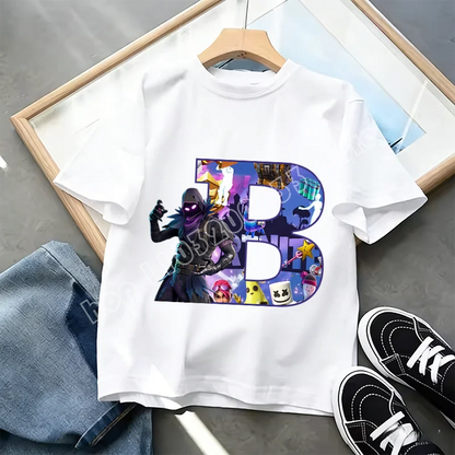 Fortnite A-Z Alphabet Print T-Shirt für Kinder, Sommer, weiß, beliebtes Cartoon-Game-Shirt, modisches Casual-Kurzarmtop, Geschenk