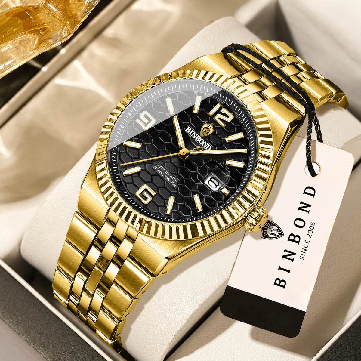 Montre-bracelet à quartz de luxe BINBOND, lumineuse, étanche, date automatique, pour homme, en acier, style business, sport, mode et décontracté.