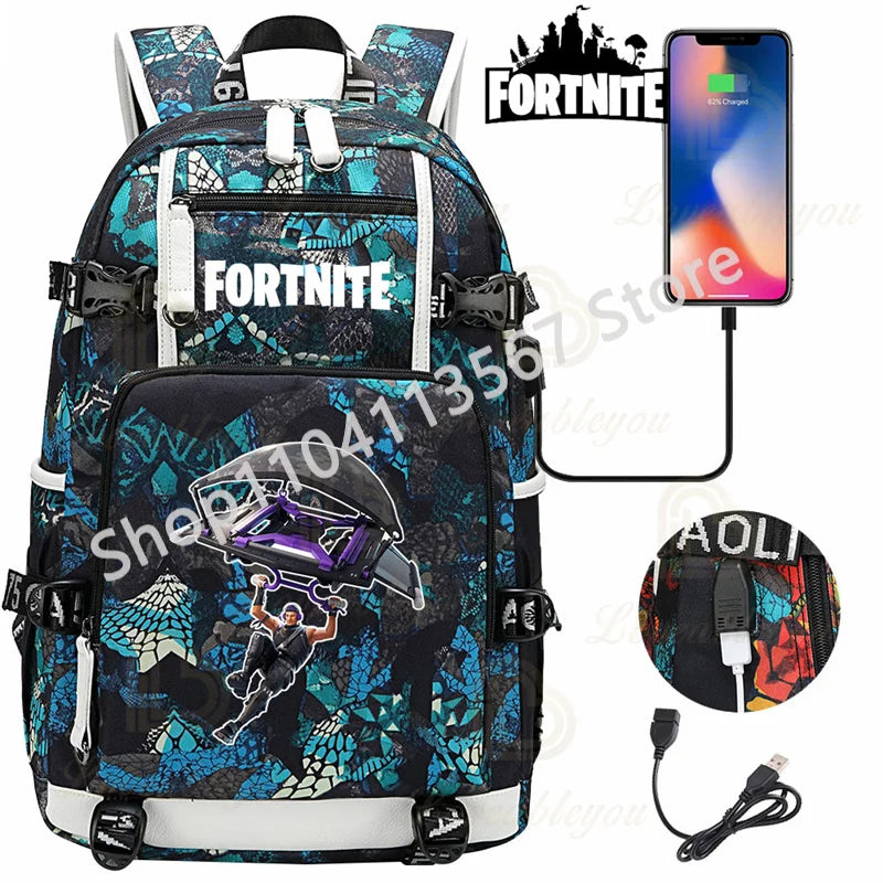 Red Jade F-Fortnited Battle Royale Backpack with USB Charging Anime Figures Study Stationery Compartment for Students Mochila