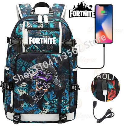 Red Jade F-Fortnited Battle Royale Backpack with USB Charging Anime Figures Study Stationery Compartment for Students Mochila