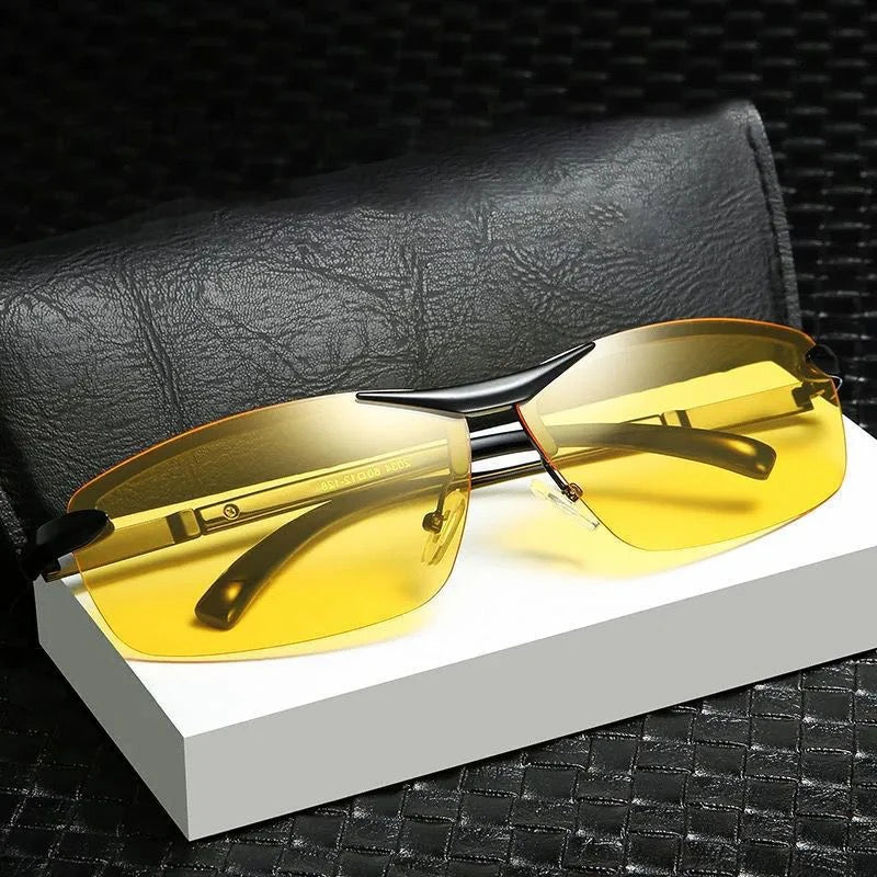 KLASSNUM Men Fashion Cycling Rimless Sunglasses Photochromic Polarized Shades Color Changing Fishing Car Driving Yellow Glasses