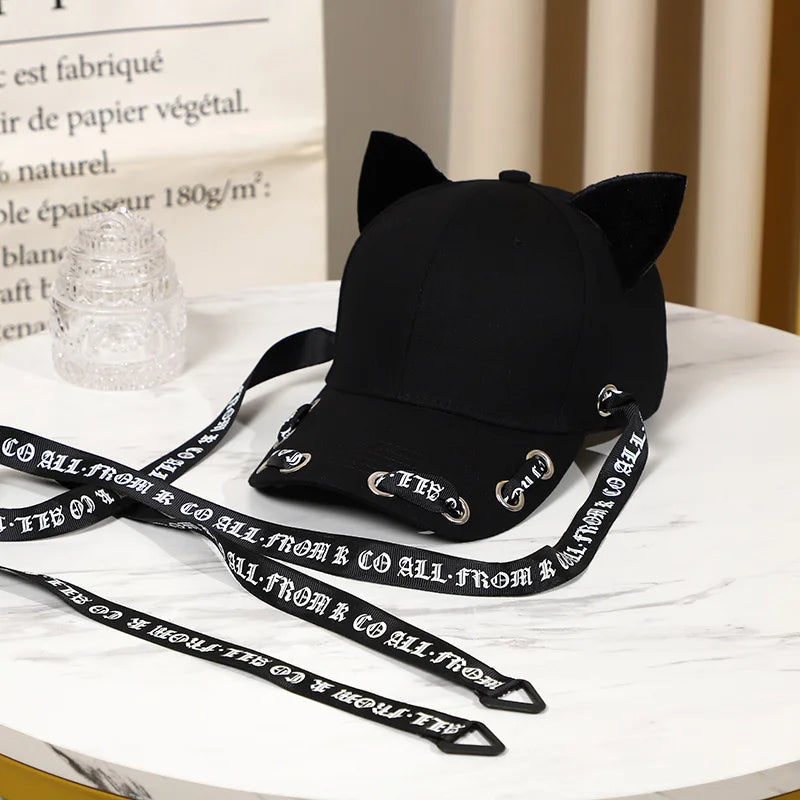 Velvet Cat Ear Baseball Cap With Long Ribbon Strap Korean Style Casual Sun Hat For Women Girls