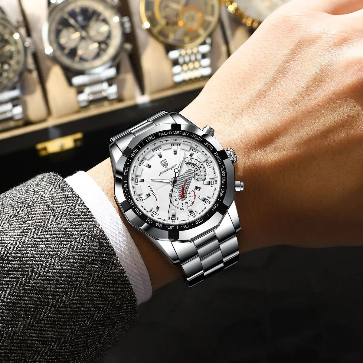 POEDAGAR luxe herenhorloge, waterdicht, verlicht, datum, sportief, roestvrijstalen band, quartz uurwerk.