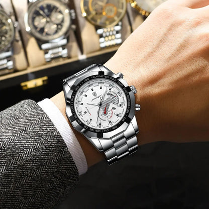 POEDAGAR luxe herenhorloge, waterdicht, verlicht, datum, sportief, roestvrijstalen band, quartz uurwerk.