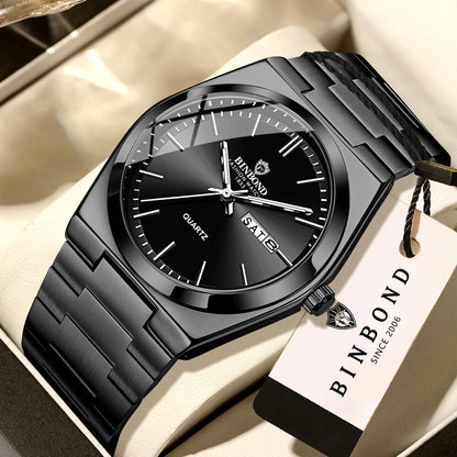 Montre-bracelet à quartz de luxe BINBOND, lumineuse, étanche, jour de la semaine, date automatique, bracelet en acier, style business, sport, mode et décontracté.