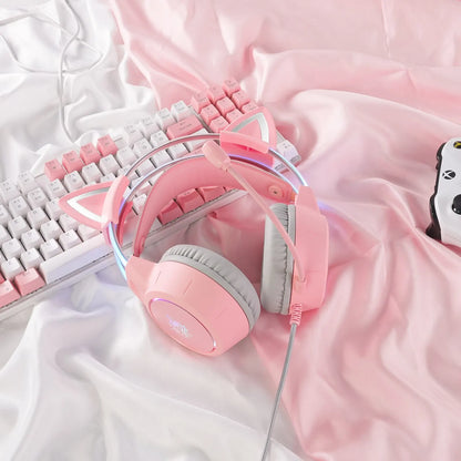 ONIKUMA-Casque supra-auriculaire X15 Pro, casque de jeu, écouteurs filaires à suppression, oreilles de chat rose, lumière RVB avec micro, PC, PS4