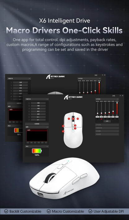 Attack Shark X6 Lightweight Wireless Gaming Mouse, Tri-Mode Bluetooth & 2.4G Gaming Mouse, 26,000 DPI RGB Charging Dock, PAW3395 Sensor