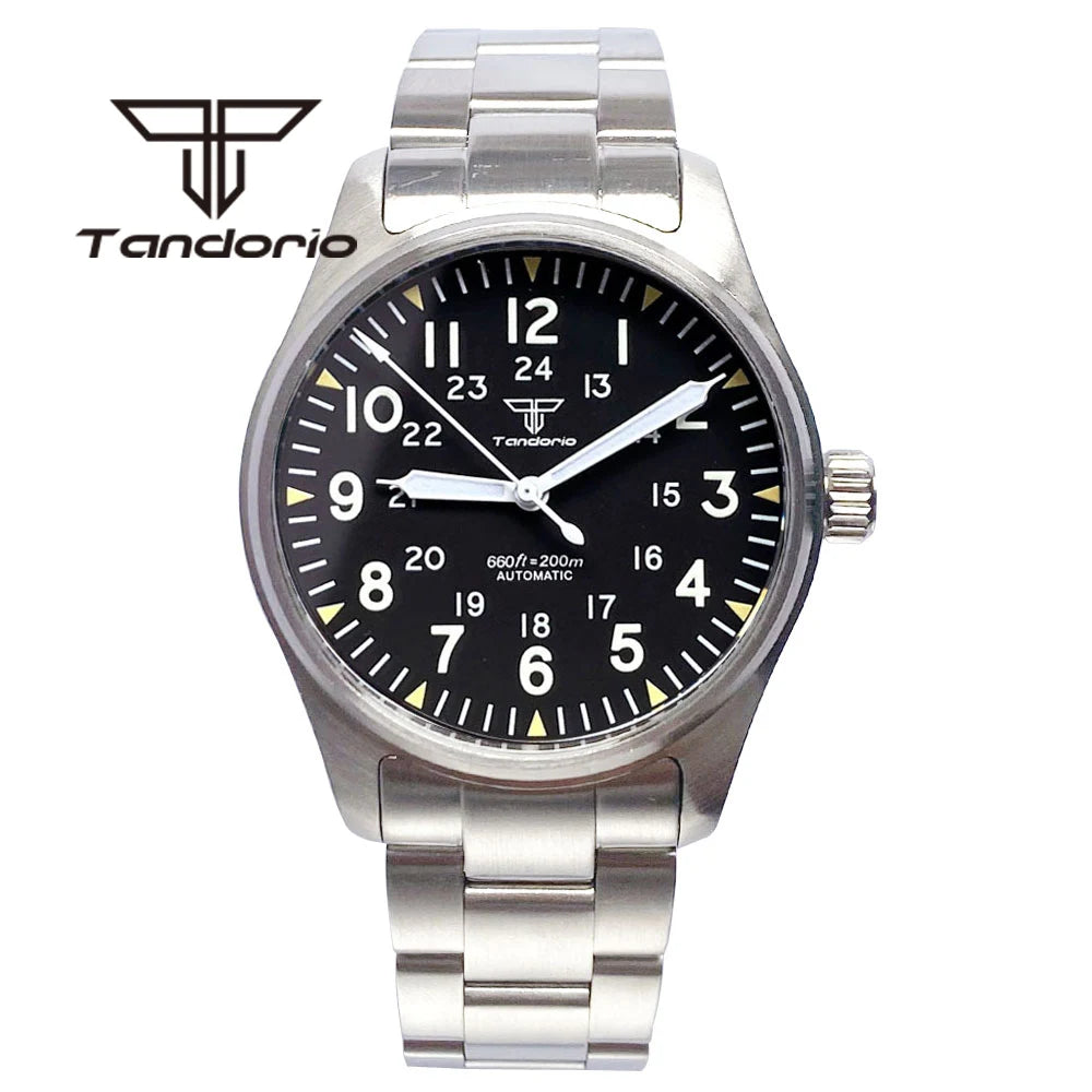 Tandorio 39 mm – męski zegarek automatyczny typu pilot nurkowy, mechanizm NH35/PT5000/Miyota8215, szafirowe szkło AR, wodoodporność 20 barów, świecące wskaźniki