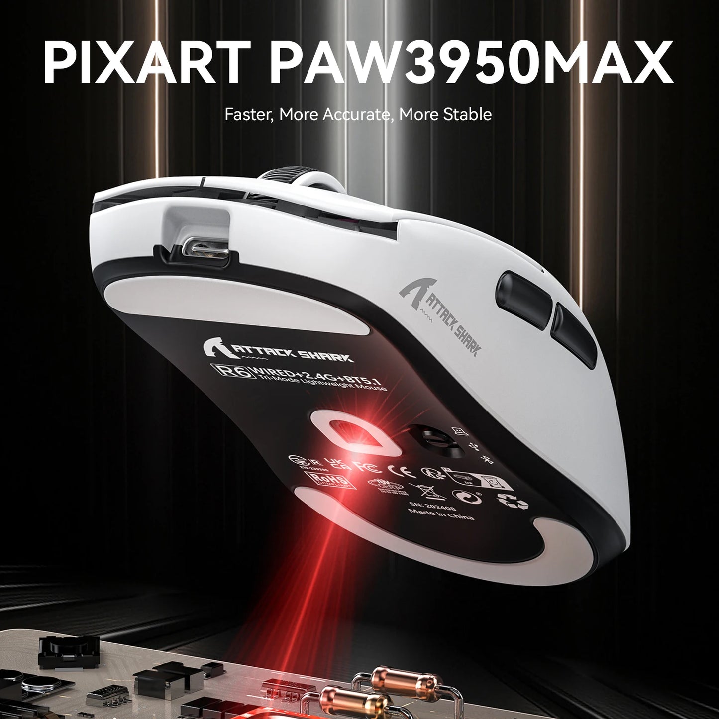 ATTACK SHARK R6 PAW3950MAX Wireless Gaming Mouse, 8Khz Polling, Ultralight 39g, Nordic 52840 MCU, Omron Optical Microswitches