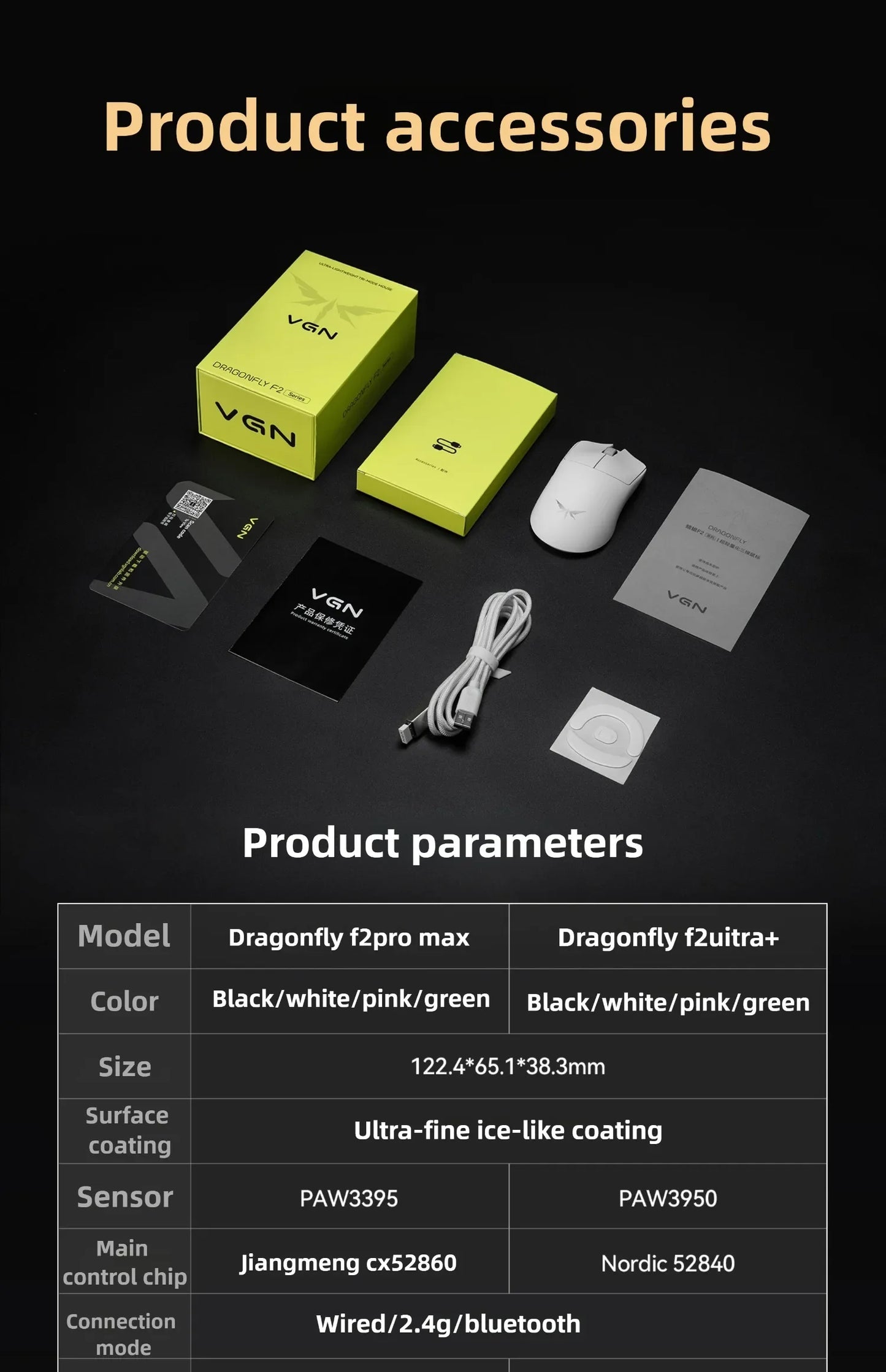 VGN Dragonfly F2 ProMax/Ultra Esports Gaming Mouse 42000DPI 0.125ms For CS:GO Latency Wired/Wireless Dual 8K 3-Mode PAW3395/3950