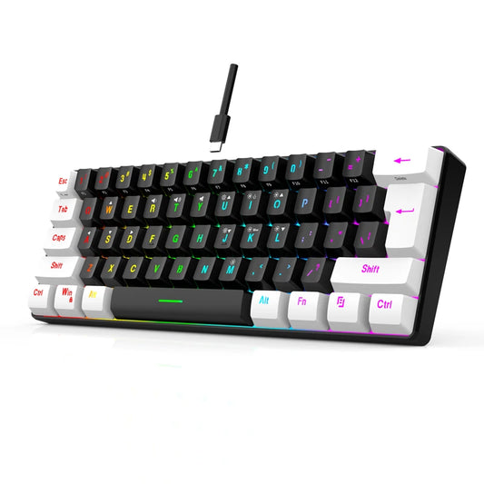 Wasserdichte mechanische 61-Tasten-Tastatur mit Kabel in Weiß, mit schwarzen und blauen Switches, RGB-beleuchtet – Gaming- und Office-Set, PUBG Gamer Backlit