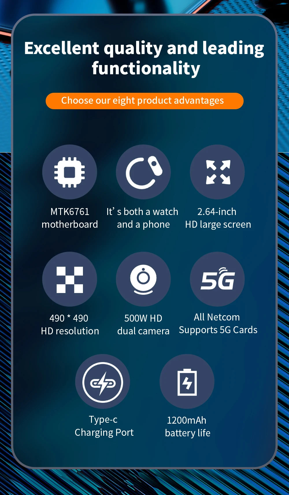 Domars Full Netcom večjezična pametna ura z 2,64-palčnim velikim zaslonom, 1200 mAh veliko baterijo, aplikacijo za videoklice in možnostjo prenosa