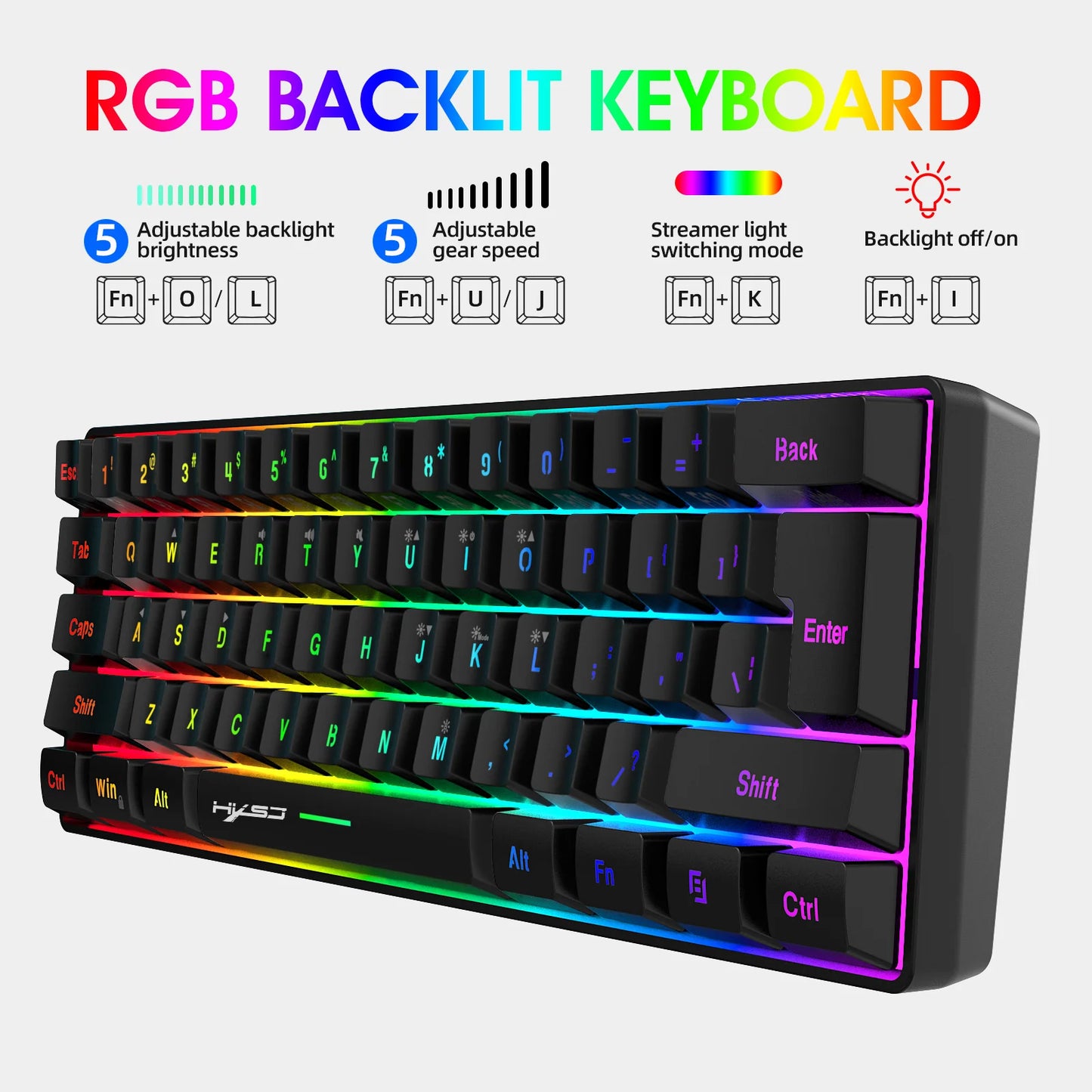 60% RGB Backlit Gaming Keyboard, Compact 61-Key Mini Wired Office Keyboard with Ergonomic Design, USB Connectivity Sleek