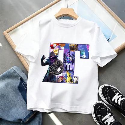 Fortnite A-Z Alphabet Print T-Shirt für Kinder, Sommer, weiß, beliebtes Cartoon-Game-Shirt, modisches Casual-Kurzarmtop, Geschenk